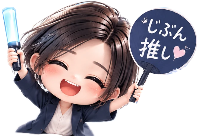 「じぶん推し」と書いたうちわとペンライトを掲げて笑う、ちびアキ
